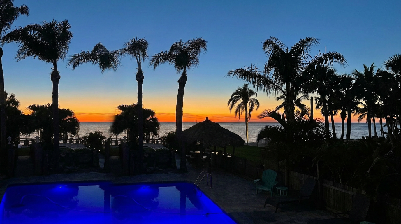 Coastal terrace at sunset overlooking the ocean